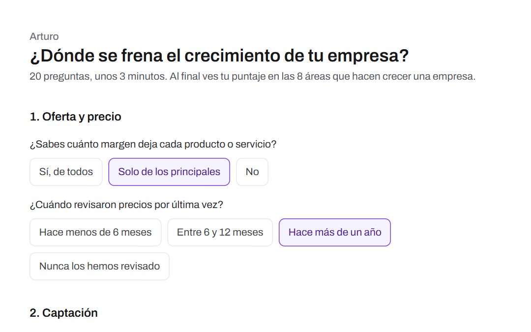 Captura del pre-diagnóstico público de KeepUp: «¿Dónde se frena el crecimiento de tu empresa?», con preguntas de oferta y precio y algunas respuestas marcadas