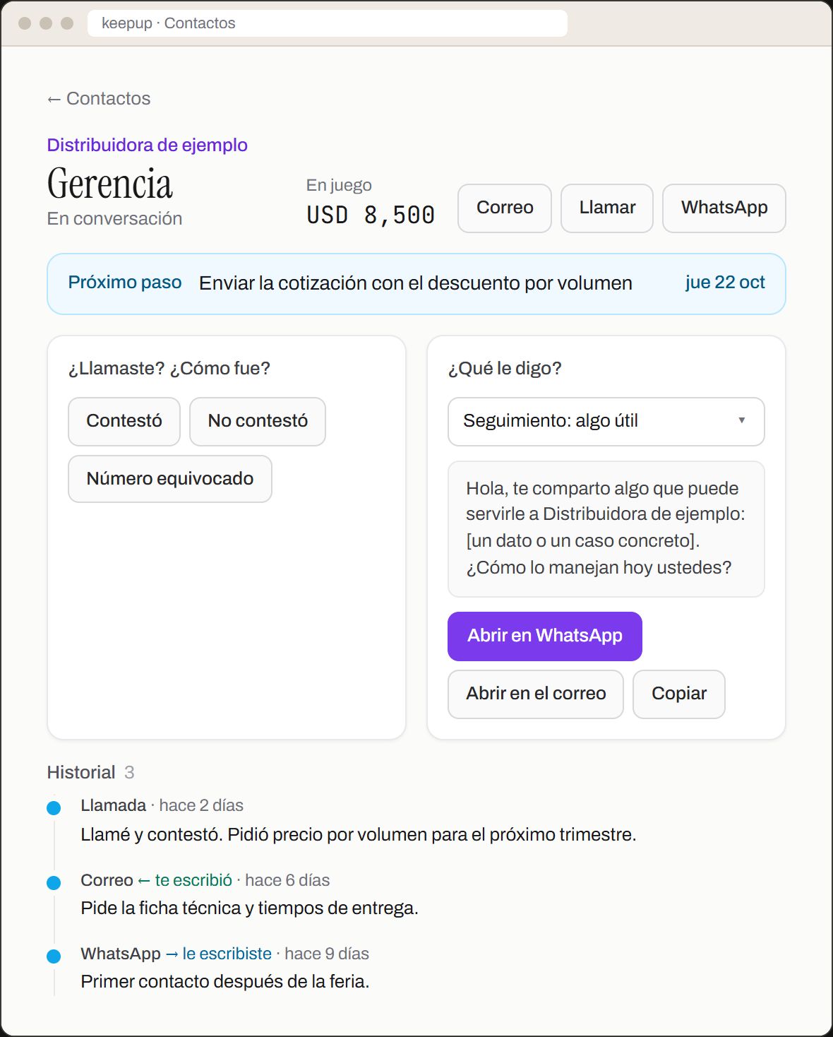 Reproducción de la ficha de un contacto en KeepUp, con datos de ejemplo: Distribuidora de ejemplo, Gerencia, en conversación, USD 8,500 en juego; próximo paso «Enviar la cotización con el descuento por volumen» para el jueves 22 de octubre; botones Contestó, No contestó y Número equivocado; «¿Qué le digo?» con el mensaje de seguimiento ya escrito y el botón Abrir en WhatsApp; y el historial de llamada, correo y WhatsApp.