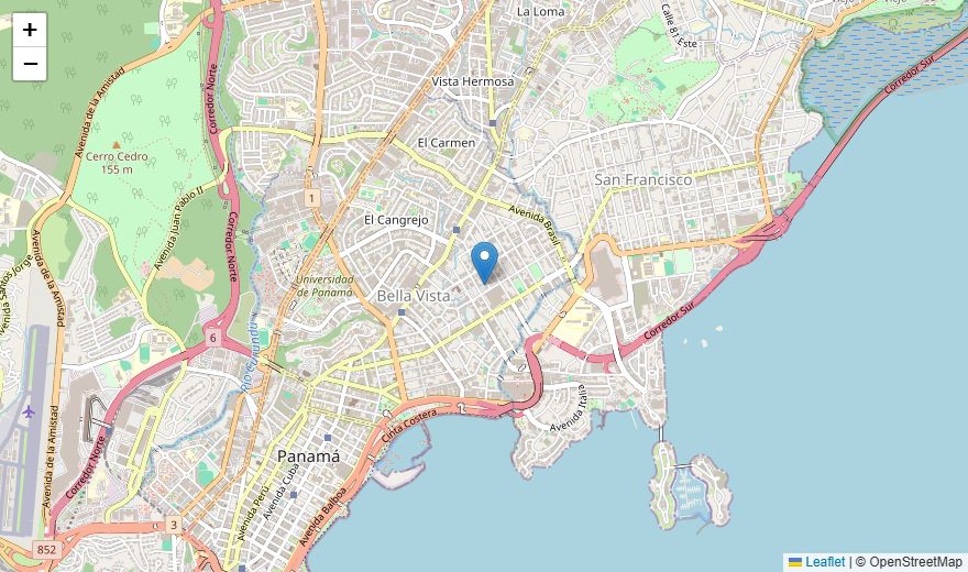 Mapa de OpenStreetMap de Ciudad de Panamá con un marcador de ejemplo