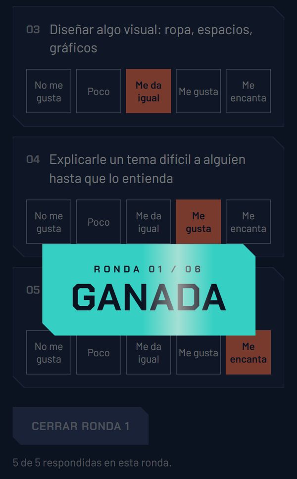 Captura de Rumbo: al responder las cinco actividades aparece el aviso «Ronda 01 / 06 · Ganada» y el botón «Cerrar ronda 1».